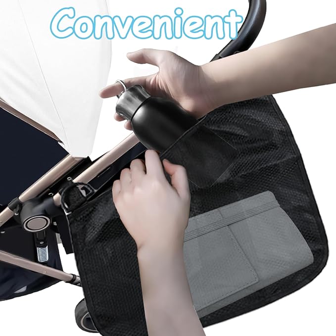 2 Pack Universal Side Sling Stroller Organizer with Mesh Cargo Net,Adjustable and Non-Slip Stroller Storage Bags, Portable Side Sling Stroller Cargo Net for Baby Accessories(Black)