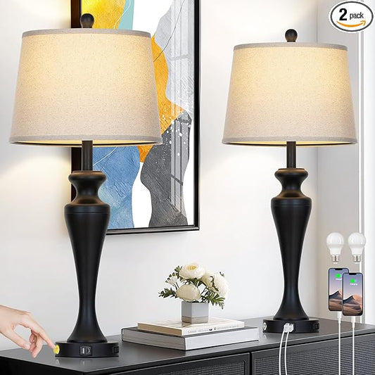luxeflow 30" Black Table Lamps Set of 2, Touch Control Tall Living Room Lamp with USB A+C Ports and AC Outlet, 3-Way Dimmable Bedside Lamps for Nightstand, Modern Metal Bedroom Lamp, 2 Bulbs Included