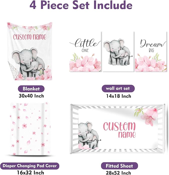 Personalized Baby Crib Bedding Set: 4 Piece Pink Flowers Custom Gift Crib Bed Set with Name - Elephant Design, Nursery Bedding Set for Baby Girls,Newborn Girls Crib Sets, Crib Bedding Shower Gifts