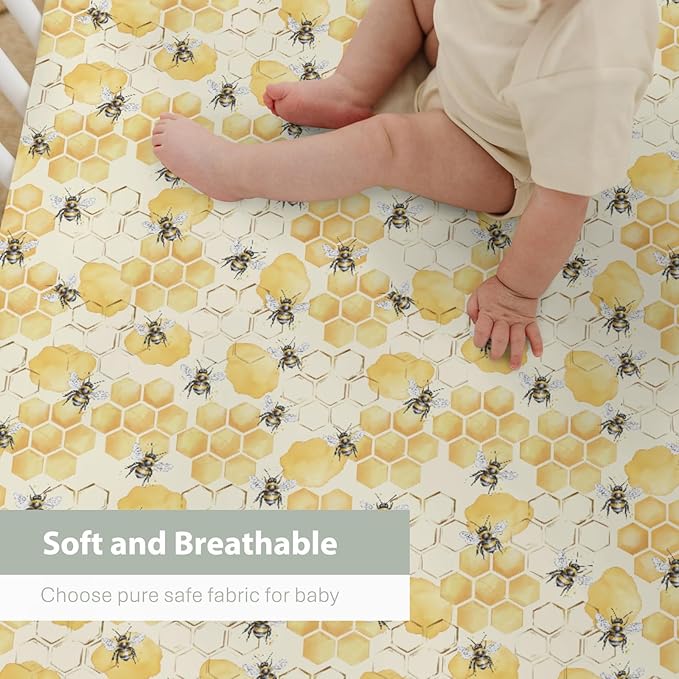 Honeycomb Bees Baby Crib Sheets for Boy Girl 52x28Inch Yellow Bee Honey Soft Stretchy Fitted Crib Mattress Covers Spring Summer Nursery Baby Sheets for Standard Crib and Toddler Bed Mattresses