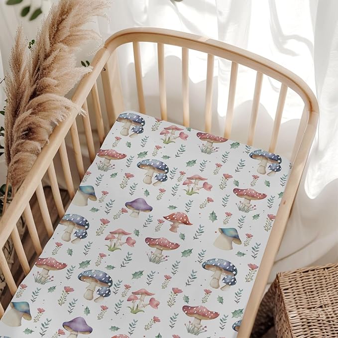 Fairytale Mushroom Baby Crib Sheets for Boy Girl 52x28Inch Colorful Mushrooms Floral Leaves Soft Snug Fitted Crib Mattress Cover Magical Plant Baby Sheet for Standard Crib & Toddler Bed Mattress
