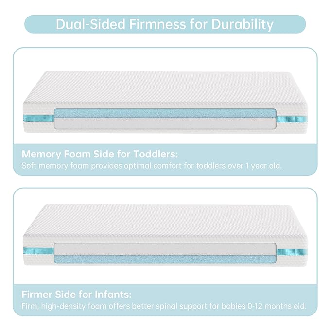 TeQsli Crib Mattress, Dual-Sided Memory Foam Toddler Mattress with Breathable Washable Cover, Standard Size Baby Mattresses for Crib: 52 x 27.6 x 6 Inch