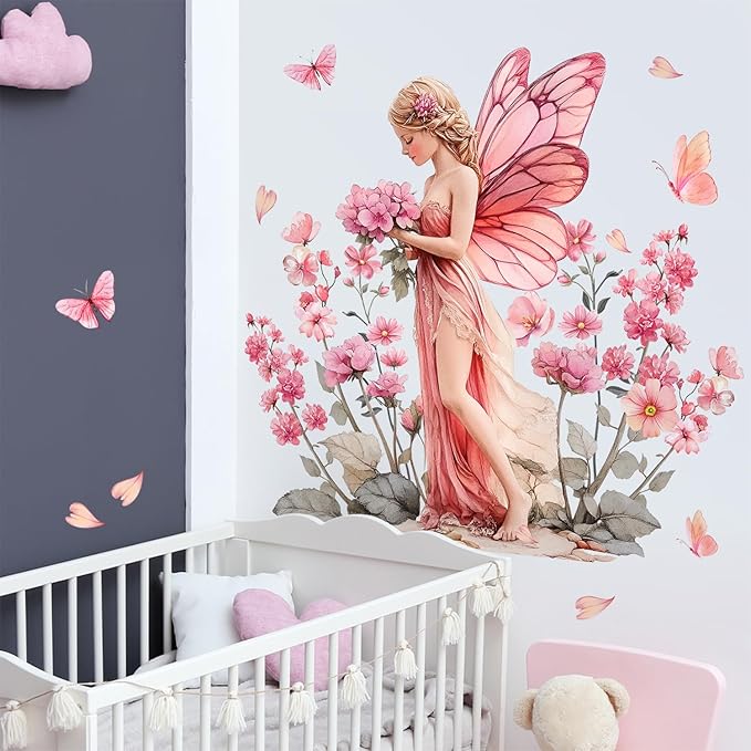 DRWSSR Removable Cartoon Pink Butterfly Elf Girl Decals Fairy Wall Decals DIY Pink Flowers Green Leaf Wall Stickers Peel and Stick for Girls Room Nursery Living Room Bedroom Bathroom Playroom Decor