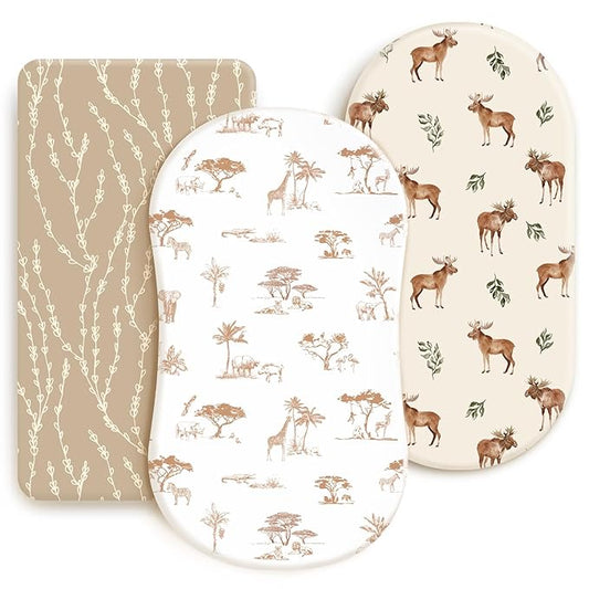 GRSSDER Stretchy Ultra Soft Fitted Bassinet Sheets 3 Pack, Universal Fit for Baby Cradle Moses Basket Oval Rectangle Mattress Safe and Snug, Free Animals Stylish Print