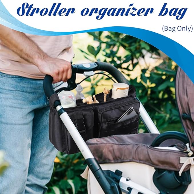 Stroller Organizer with Insulated Cup Holder,Universal Toddler Stroller Organizer Bag Caddy,Zippered Pockets for Phone,Adjustable Straps,Stroller Accessories,for Men,Women,(Balck)