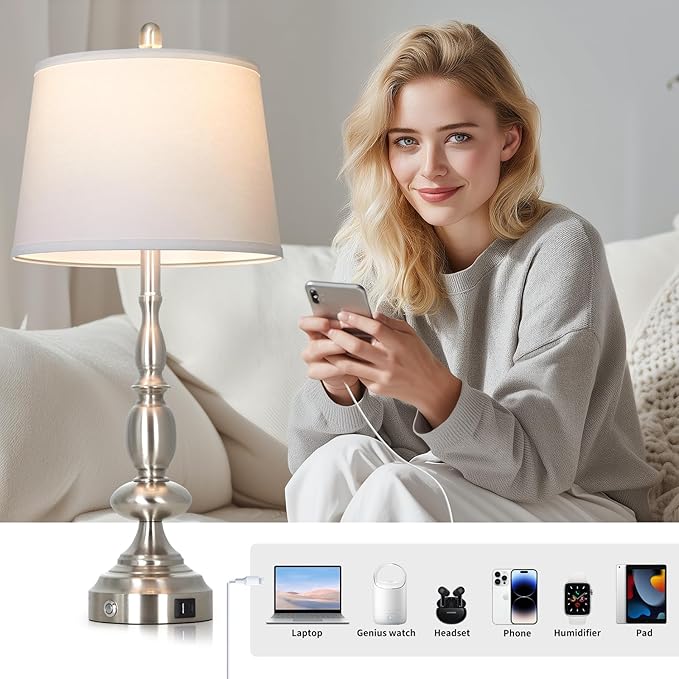 29" Tall Modern Table Lamps Set of 2, 3-Way Dimmable Touch Living Room Lamp with USB A+C Charging Port, Brushed Nickel Metal Farmhouse Bedside lamp for Bedroom Nightstand Side Table Desk Office Silver