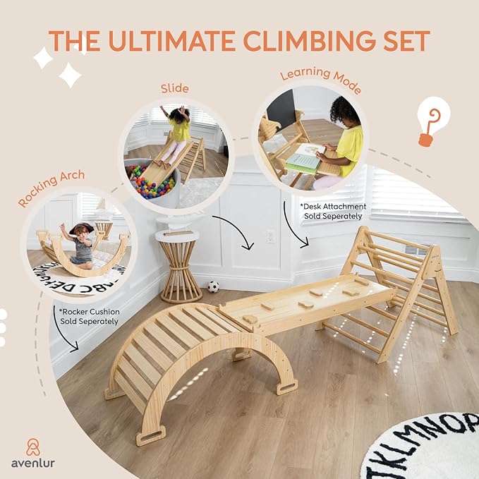 Avenlur Hazel 5-in-1 Indoor Climbing Gym - Waldorf and Montessori Climbing Set with Triangle Ladder, Climbing Ramp, Arch Climber, Rocker, and Slide - Montessori Toys for Children 18mo to 7yr (Natural)