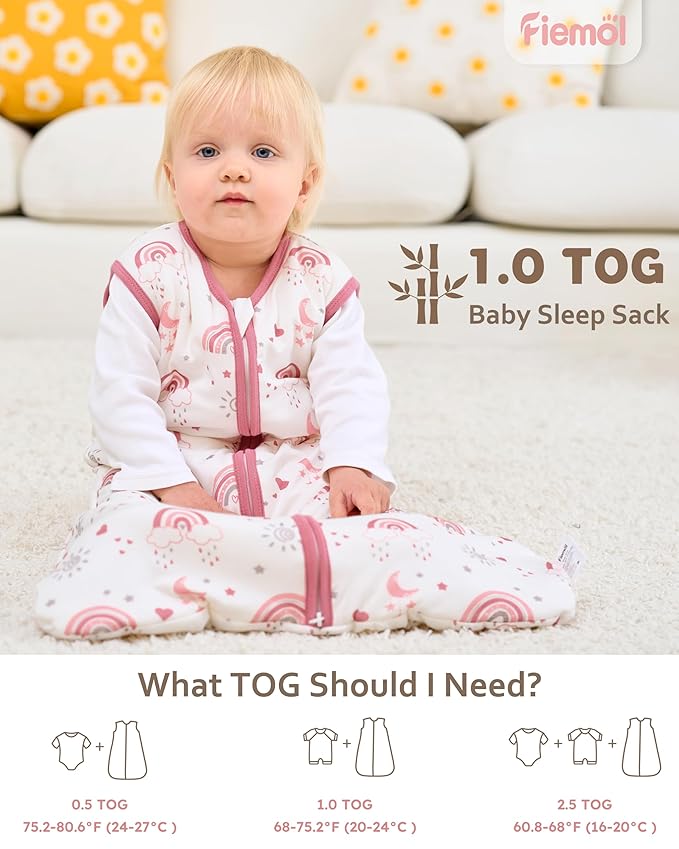 Rayon Made from Bamboo Baby Sleep Sack 18-24 Months, 1.0 Tog Baby Wearable Blanket, Soft Sleeping Bag for Infant Toddler Babies with 2-Way Zipper 2 Pack (X-Large) Pink Rainbow