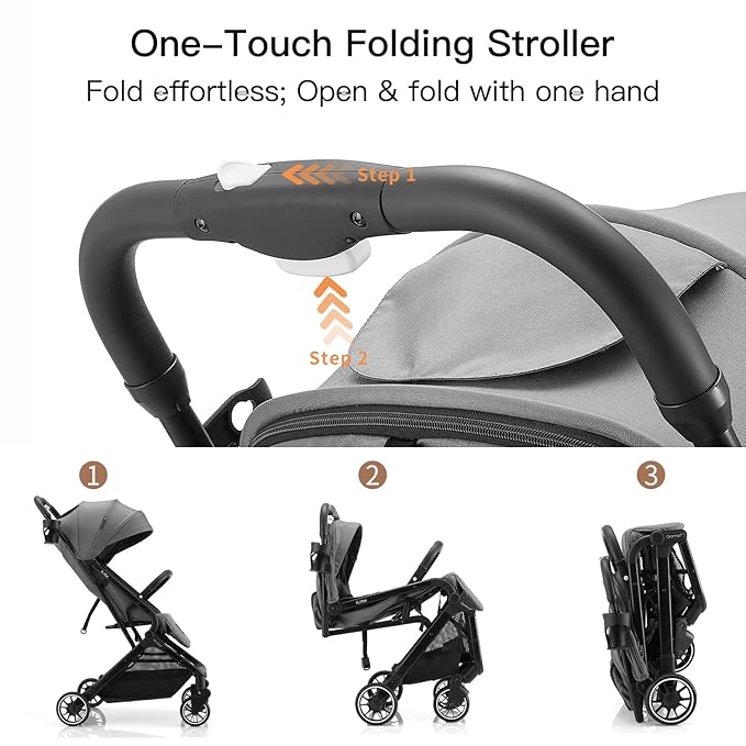 Compact Fold Baby Stroller, Lightweight Travel Toddler Stroller with One-Click Fold, Extendable UPF50+ Canopy, Cup Holder, UV Protected and Waterproof, One-Hand Folding - Gray