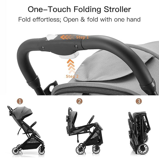 Compact Fold Baby Stroller, Lightweight Travel Toddler Stroller with One-Click Fold, Extendable UPF50+ Canopy, Cup Holder, UV Protected and Waterproof, One-Hand Folding - Gray