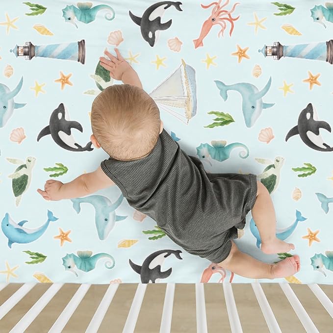 Colorful Ocean Animals Baby Crib Sheets for Boy Girl 28"x52" Sea Horse Whale Dolphin Turtle Lighthouse Soft Snug Fitted Crib Mattress Cover Nautical Baby Sheet for Standard Crib & Toddler Mattress