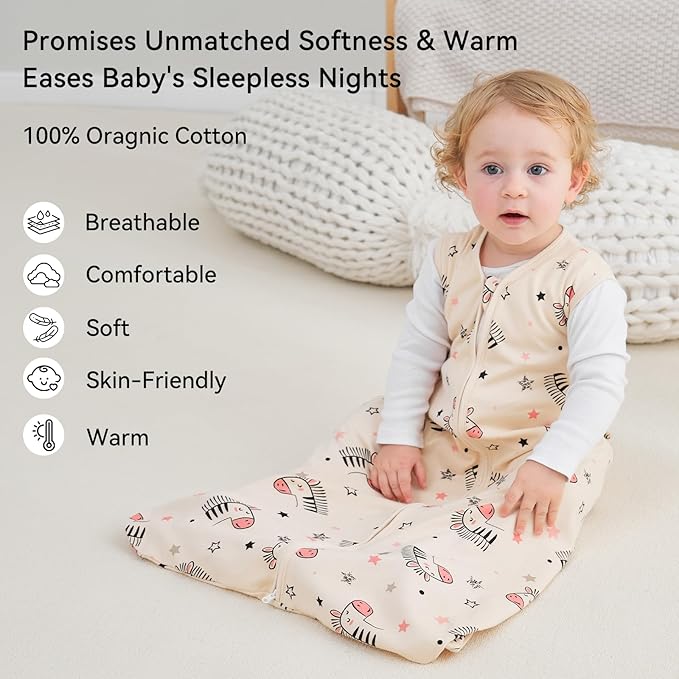 Baby Sleep Sack 6-12 Months 3 Pack 100% Cotton Lightweight 0.5 TOG Wearable Blanket Baby Sleep Bag with 2-Way Zipper for Newborn Infant Pink Apricot Gray Zebra