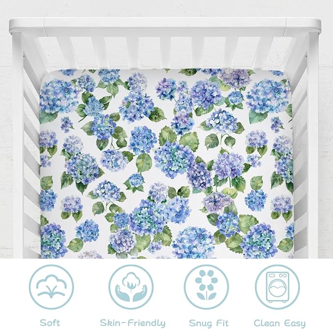 Blue Hydrangea Floral Baby Crib Sheets 52''x28'' Watercolor Flowers Painting Snug Fitted Crib Mattress Cover for Boy Girl Wild Floral Soft Nursery Bed Sheets for Standard Crib and Toddler Mattress