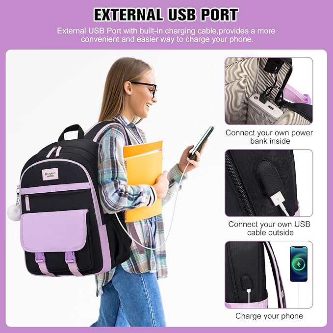 Bevalsa Backpack for Girls, School Backpacks for Girls, Kids Backpack with Lunch Box & Pencil Pouch for Teens Girl Kids Elementary Middle High School College Student Bookbag Daypack (Purple Black)