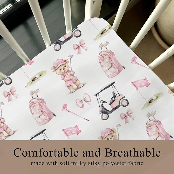 Cute Golf Bear Balls Cart Club Pink Baby Crib Sheet for Boys & Girls 52x28x9 in Bears Bows Golfing Bag Sport Fitted Crib Mattress Cover for Golfs Lover Gift Bed Sheet Balls One Size