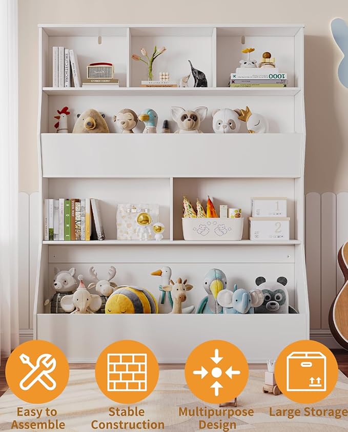 Arlopu Kids Bookshelf & Toy Storage Organizer, 4 Tier Wooden Cabinet with Open Design, Toddler-Friendly Bookcase for Playroom, Nursery, Classroom, Kindergarten (White)