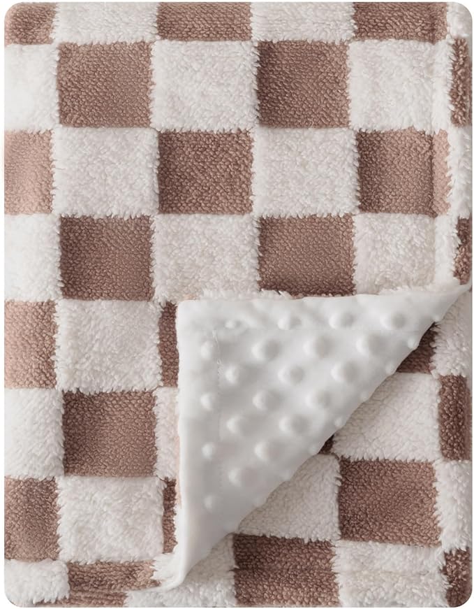 Soft Black and White Checkered Baby Blankets for Unisex Girls or Boys Breathable Gender Neutral Nursery Double Layer Blankets with Dotted Backing for Newborn Toddlers (Minky Brown)
