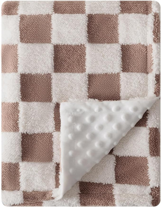 Soft Black and White Checkered Baby Blankets for Unisex Girls or Boys Breathable Gender Neutral Nursery Double Layer Blankets with Dotted Backing for Newborn Toddlers (Minky Brown)