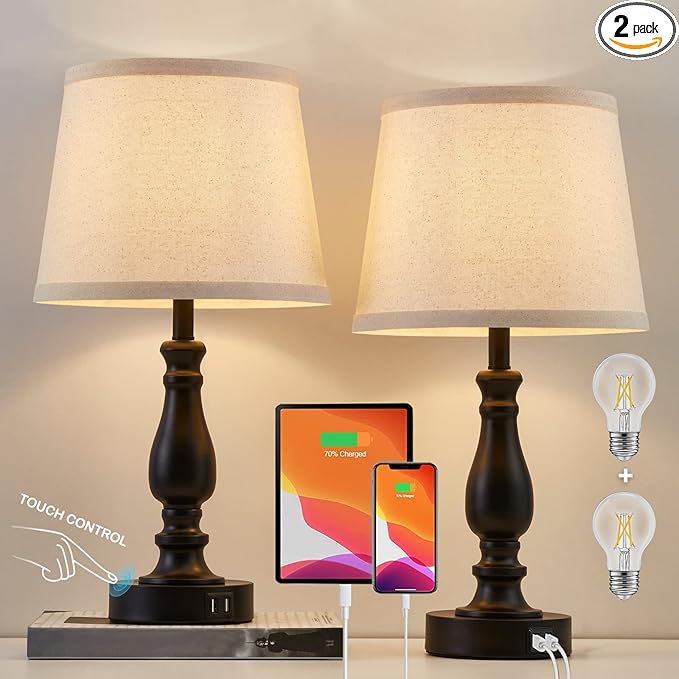 EJIAXIN Lamps for Bedroom Set of 2,Touch Bedside Table Lamp with USB C+A Ports,Dimmable Nightstand Lamps with Round Fabric Linen Lampshade for Living Room Reading Bed Side End Table,Bulbs Included