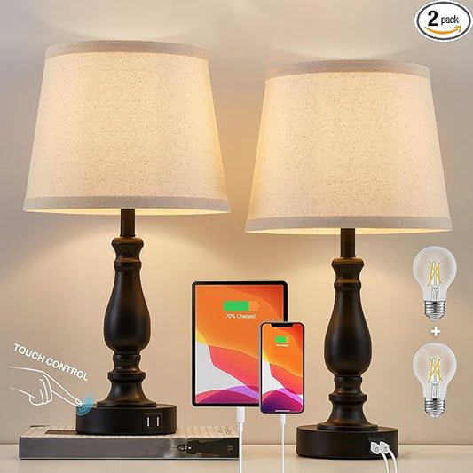 EJIAXIN Lamps for Bedroom Set of 2,Touch Bedside Table Lamp with USB C+A Ports,Dimmable Nightstand Lamps with Round Fabric Linen Lampshade for Living Room Reading Bed Side End Table,Bulbs Included