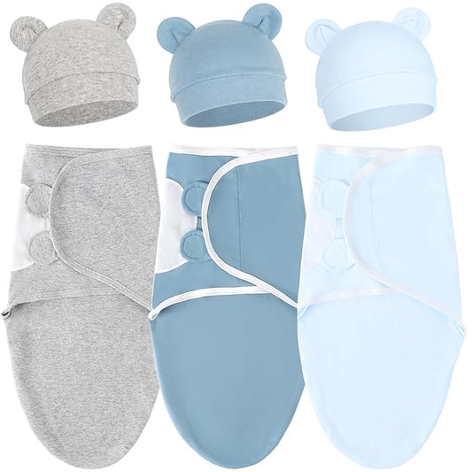 DRESHOW BQUBO 3 Pack Baby Swaddle Sleep Sacks Baby Swaddling Blanket Wrap Newborn Swaddle Sack with Bear Ears Hat for Boys Girls 6-12 Lbs Newborns & 0-3 Months Girls Boys