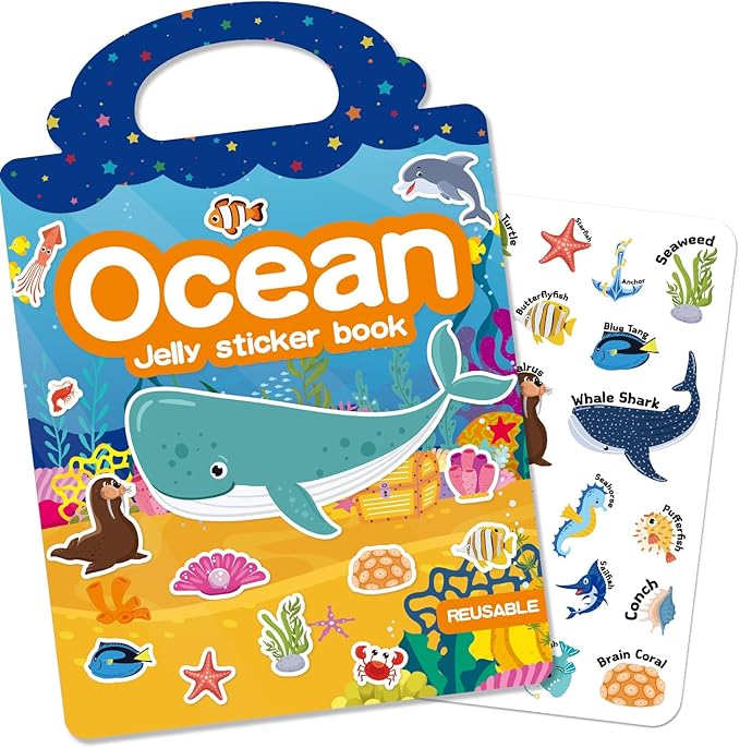 3 Sets Reusable Sticker Book for Toddlers 3-6, Jelly Sticker Books for Toddler, Travel Sticker Activity Toys for Kids 3 4 5 6 Years Old Girls & Boys（Ocean + Space + Dinosaur）