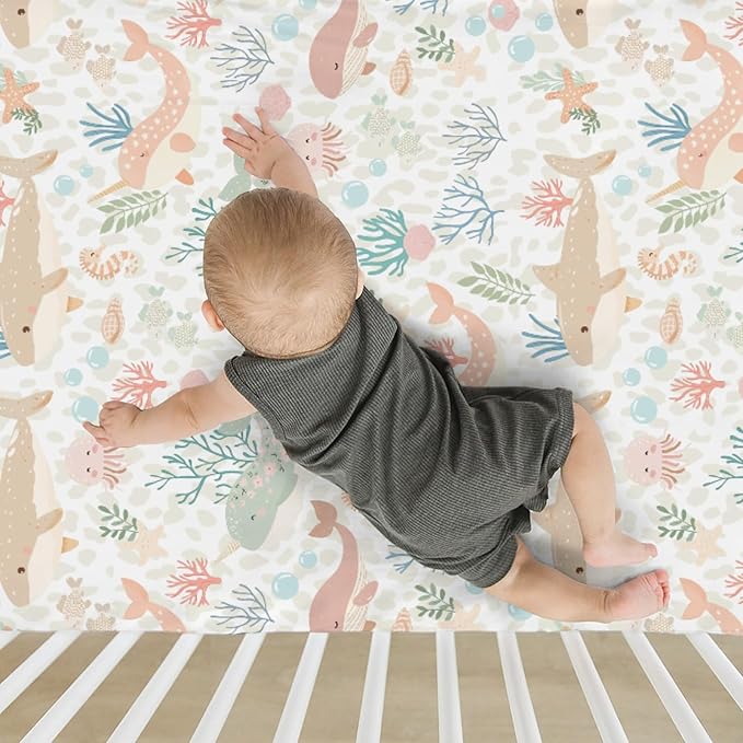 Girly Whale Baby Crib Sheets for Boy Girl 28"x52" Narwhal Shark Jellyfish Corals Soft Stretchy Fitted Crib Mattress Cover Boho Sea Ocean Animals Leopard Baby Sheet for Crib & Toddler Bed Mattresses