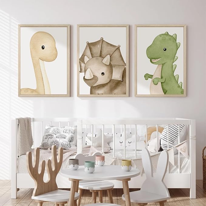Dinosaur Wall Art Kids Boys Room Canvas Wall Decor Dino Nursery Wall Art Pictures Baby Dinosaur Poster Prints for Boys Bedroom Bathroom 16x24 Inch Wood Framed Set of 3