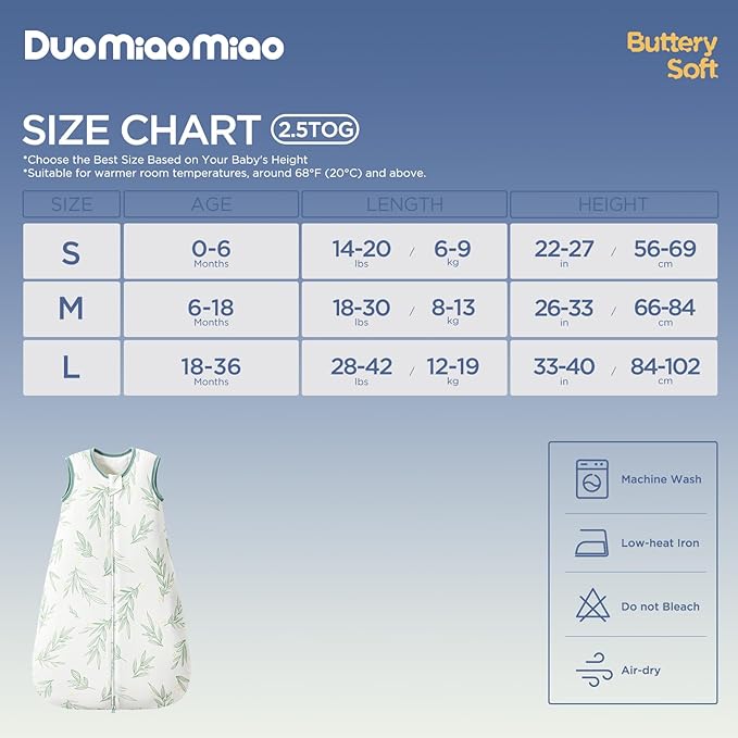 Duomiaomiao Baby Sleep Sack 95% Rayon Made from Bamboo, 5% Spandex, 2.5 TOG Baby Wearable Blanket 6-18 Months, Winter Soft Infant Toddler Sleep Sack, 2-Way Zipper Sleeping Bag for Unisex Babies