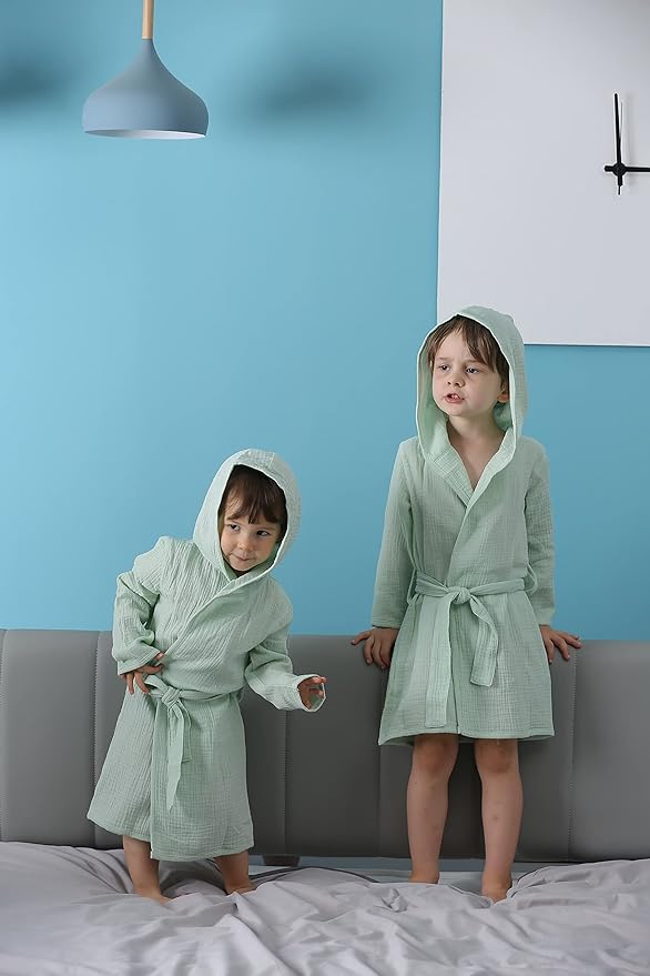 Organic Cotton Toddler Bathrobe, Soft and Breathable Baby Robe for Kid, Boy& Girl Hooded Robe Muslin
