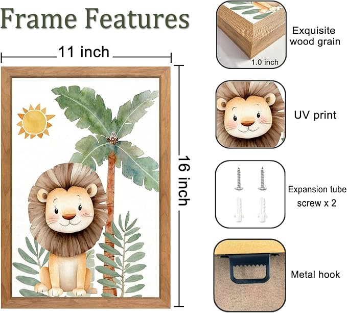 Cute Sun Lion Giraffe Quote Framed Wall Art Set of 4, 11x16 Boho Educational Animal Wall Sign for Baby Girl Kid Boy Toddlers, Wooden Inspirational Nursery Wall Decor Natural