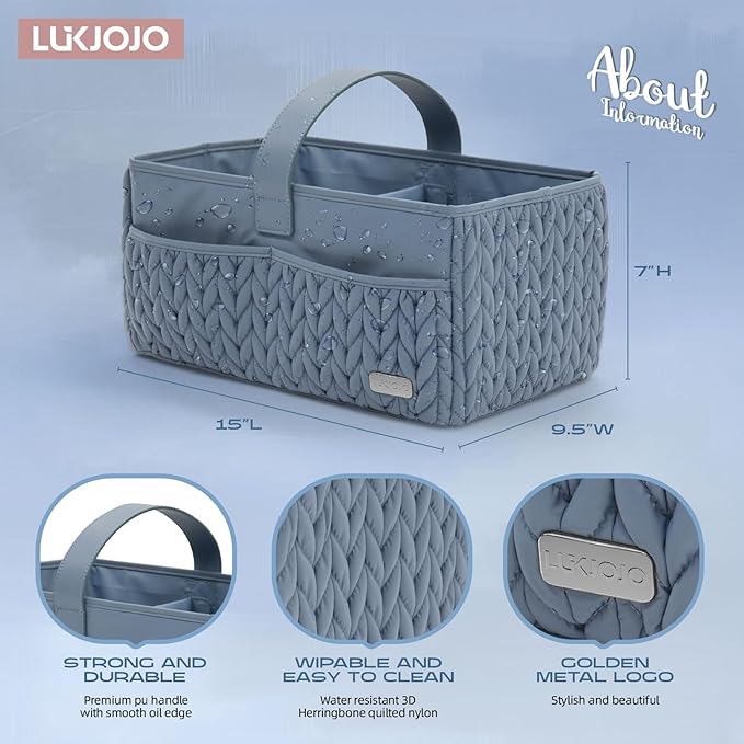 LUKJOJO Luxurious Baby Diaper Caddy, Nursery Storage Basket for Newborn Essentials, Travel Baby Basket for Diapers Baby Wipes, Organizer Tote Bag Storage Bin, Baby Shower Gifts(ash blue)