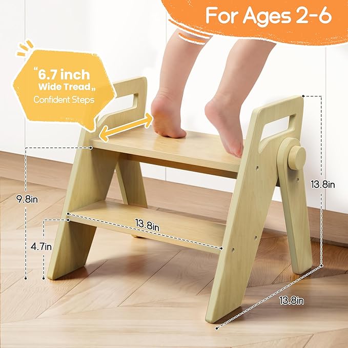 HOMEKOL Toddler Kids Step Stool: Wooden 2 Step Stool for Bathroom Sink, Foldable, Natural Wood Color