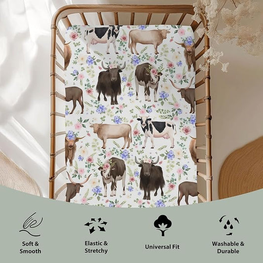 Highland Cows Boho Flowers Baby Crib Sheets for Boy Girl 52x28Inch Cows Breeds Farm Soft Snug Fitted Crib Mattress Cover Country Farmhouse Animal Baby Sheet for Crib and Toddler Bed Mattresses