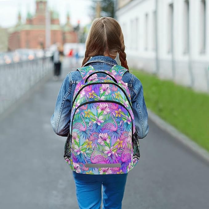 MNSRUU School Backpack with Chest Strap, Flamingo Tropical Bird Flower Laptop Backpack One Size