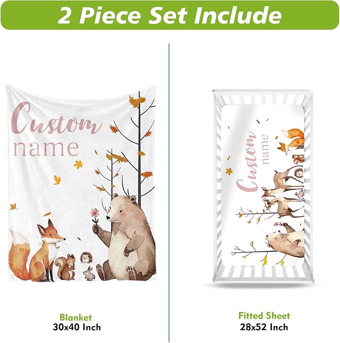 Personalized Crib Bedding Set for Boys Girls, Custom Baby Crib Sets with Name, Fox Sika Deer Design Nursery Bedding 2 Piece - Soft Blanket with Double Layer Dotted Backing, Crib Fitted Sheet
