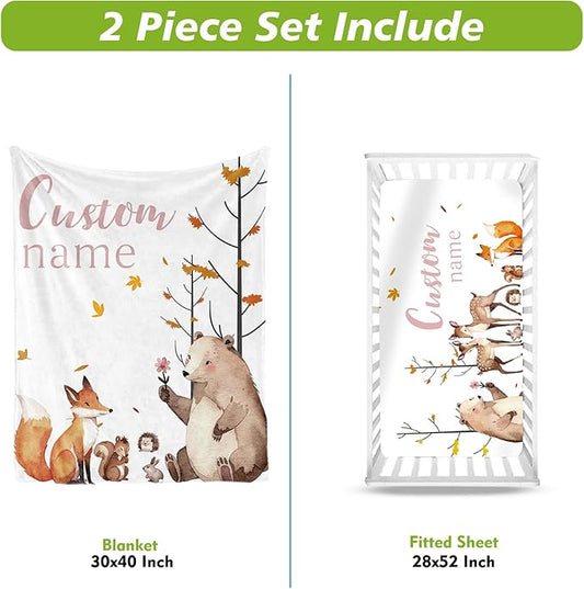Personalized Crib Bedding Set for Boys Girls, Custom Baby Crib Sets with Name, Fox Sika Deer Design Nursery Bedding 2 Piece - Soft Blanket with Double Layer Dotted Backing, Crib Fitted Sheet