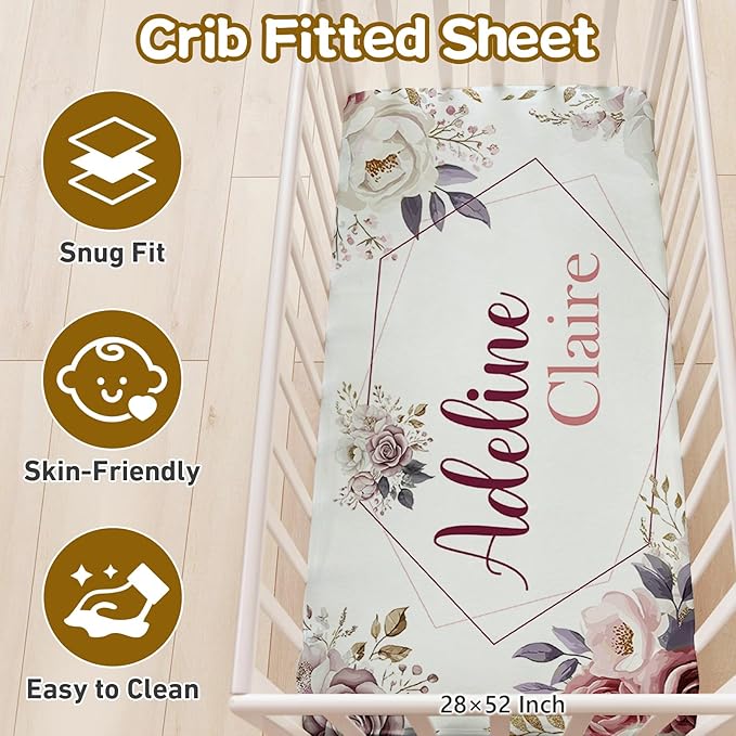 Personalized Baby Bedding - 5 Pcs Custom Name Bedding for Girls & Boys - Soft Toddler Crib Sets for Infant Customized Gifts, Rose