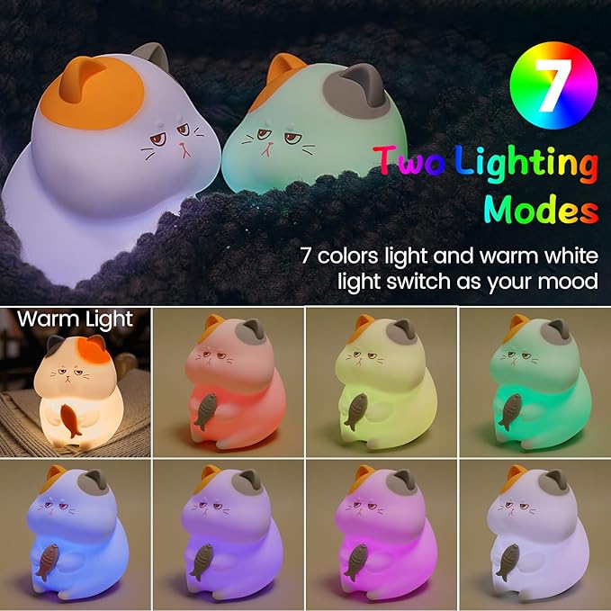 FAMIDUO Greedy Cat Night Light for Kids,3 LevelsDimmable Cute Kitty Nursery Nightlight with Touch ColorChange, Squishy Silicone Rechargeable Bedside Lampfor BabyPregnant Mom/Elderly/Adults