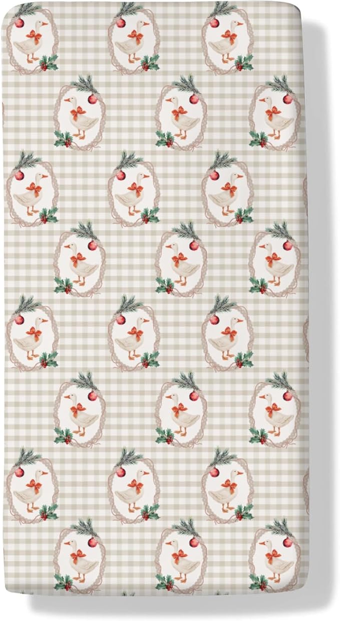 Christmas Geese Red Bows Baby Crib Sheets Cute Ducks Cherry Fir Leaves Soft Baby Sheets Winter Festive Holiday Farm Animals Fitted Crib Mattress Cover for Standard Crib & Toddler Mattress 52"x28"