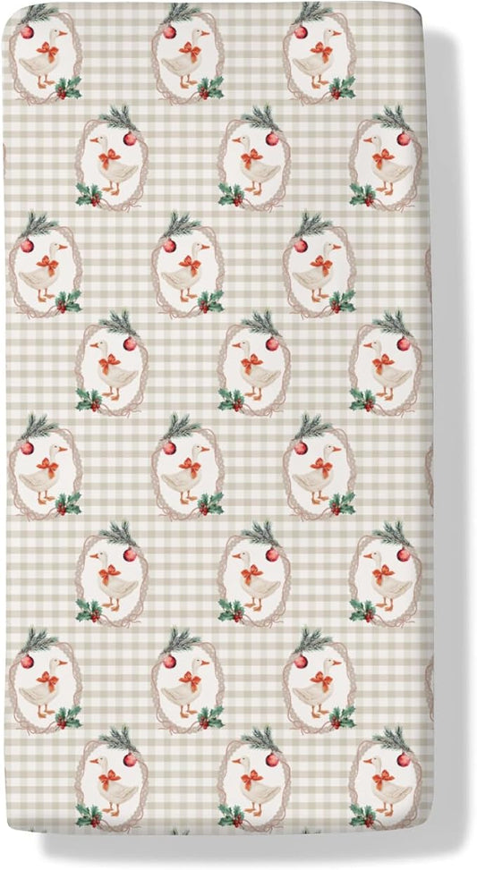 Christmas Geese Red Bows Baby Crib Sheets Cute Ducks Cherry Fir Leaves Soft Baby Sheets Winter Festive Holiday Farm Animals Fitted Crib Mattress Cover for Standard Crib & Toddler Mattress 52"x28"