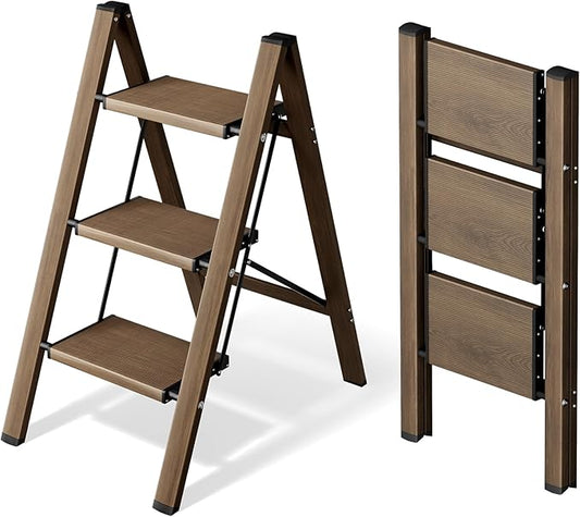 HillhutApex 3 Step Stool, Aluminum Foldable Step Ladder, Lightweight Stable Stool with Wide Non-Slip Pedals, 330lbs Bearing Capacity Ladder for Office,Home,Kitchen - Walnut