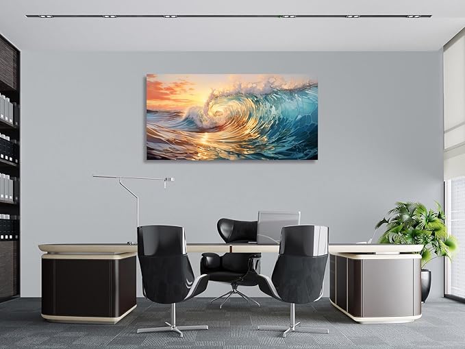 KUNHAAH Wall Art Canvas Painting Big Waves in The Sea 1 Piece Ocean Sunset Huge Waves Nature Picture Poster Print Framed Ready to Hang for Living Room Bedroom Artework 71x36inch