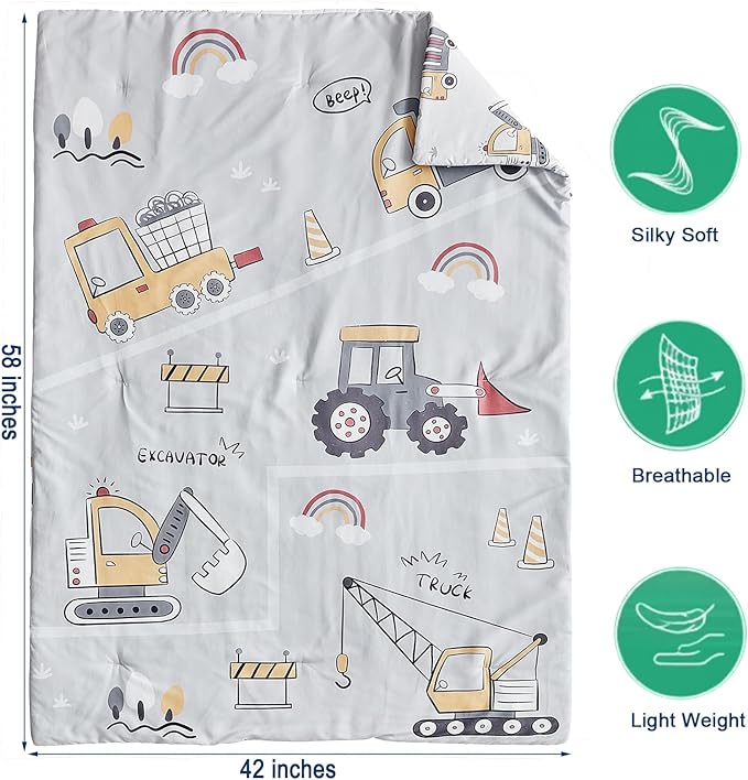 JHXHMX 4 Pieces Toddler Bedding Set for Boys,Excavator Cars Truck Pattern Toddler Comforter Set,Soft Crib Bed Set Including Comforter,Sheets and Pillowcase-Gray