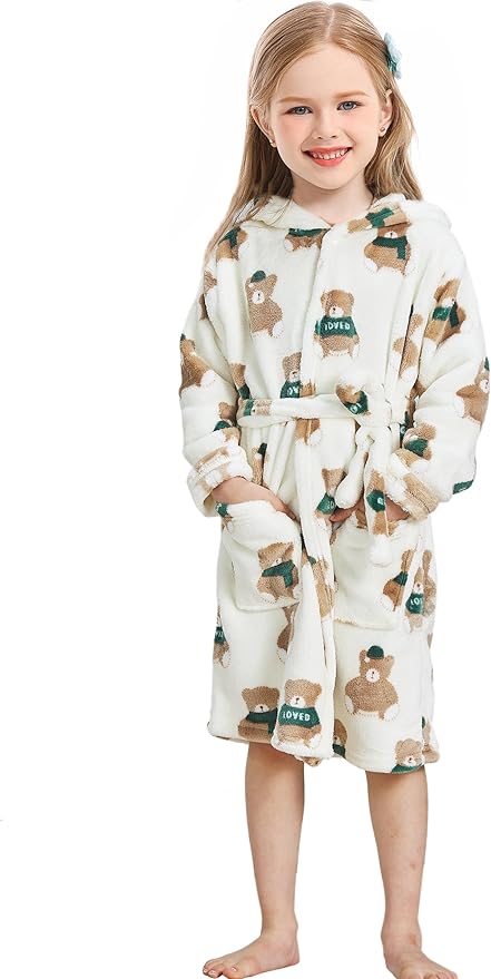 Toddler Robes Cute Pattern Bathrobe Unisex Kids Robe Baby Flannel Hoodie Pajamas Sleepwear