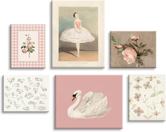 Nursery Pink Wall Art Decor Baby Girl Room Prints Vintage Nursery Floral Canvas Wall Decor Preppy Room Pictures Pink Swan Flower Paintings Artwork for Girls Bedroom 12x16 Inch Wrapped Canvas Set of 6