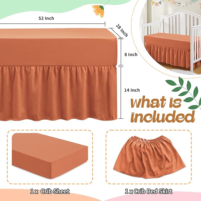 SiinvdaBZX 2-Piece Set Ruffled Crib Skirt & Soft Microfiber Fitted Crib Sheet, 52"x28" + Adjustable Elastic 14" Drop, Fit for Baby Standard Crib & Nursery Toddler Bedding (Rust Orange)