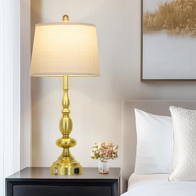 29" Modern Table Lamps Set of 2, Gold Touch Control 3-Way Dimmable Bedside Lamp with USB C+A Ports, Industrial Metal Farmhouse Nightstand Lamps for Living Room Bedroom End Tables(2 LED Bulbs Included)