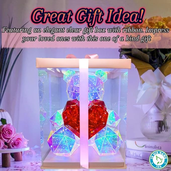 In His Name LED Teddy Bear Night Light Colorful LED Light Up Bear with Red Heart for Kids Room Premium Bedside Nursery Decor Cute Lamp for Toddler Unique Gifts Spring Decor