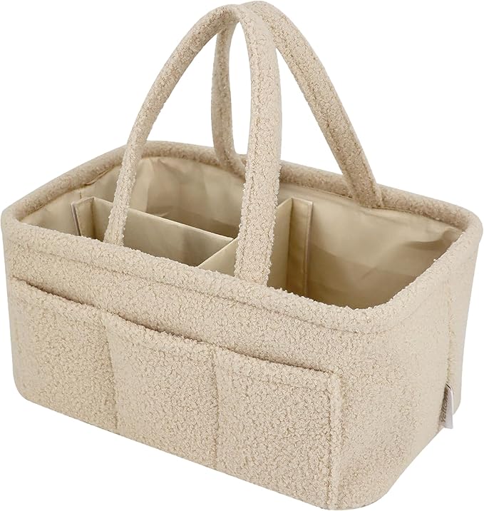 YelloIris Baby Diaper Caddy Organizer – Soft Beige Sherpa with 3 Removable Compartments & 6 Side Pockets – Perfect Nursery Storage Bin & Car Organizer for Diapers, Baby Wipes, and Essential Supplies.